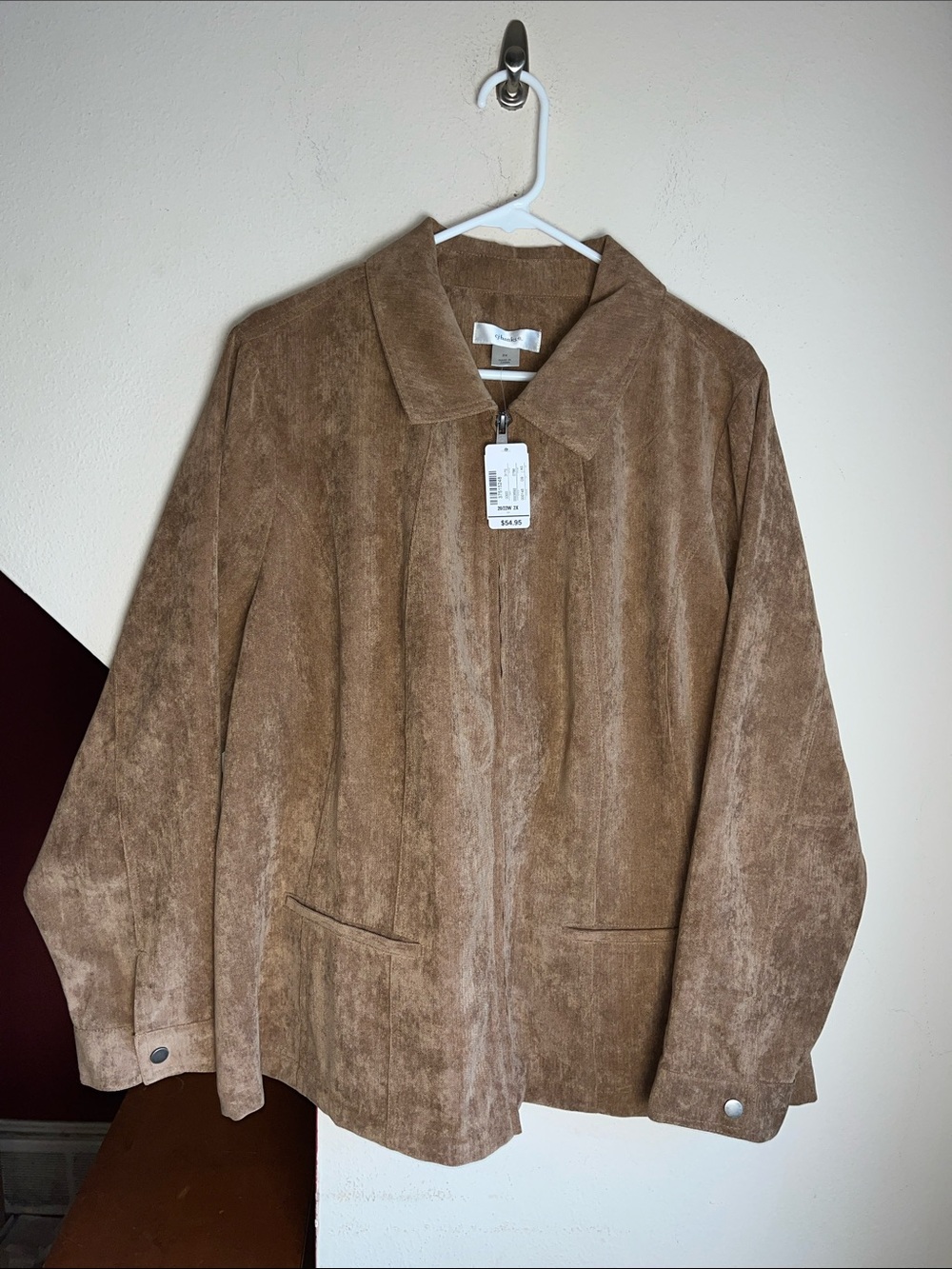 CJ Banks Suede-Look Zip Front Jacket in Light Brown 2X